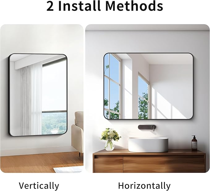 30x40 inch Bathroom Mirror,Black Rectangle Mirror,Wall Mounted Bathroom Frame Vanity Mirror with Round Corner for Bedroom Living Room, Entryway Hangs Horizontal or Vertical