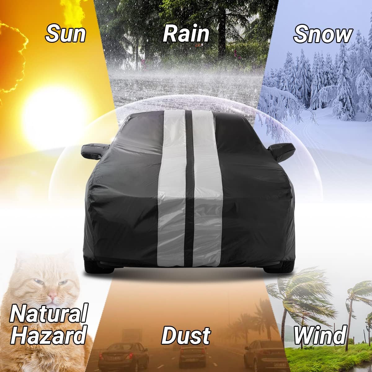 iCarCover Custom Car Cover Compatible with Mustang GT 1979-2004, Waterproof All Weather Rain Snow UV Sun Protector Full Exterior Indoor Outdoor Car Covers, Stripe (Black/Gray)
