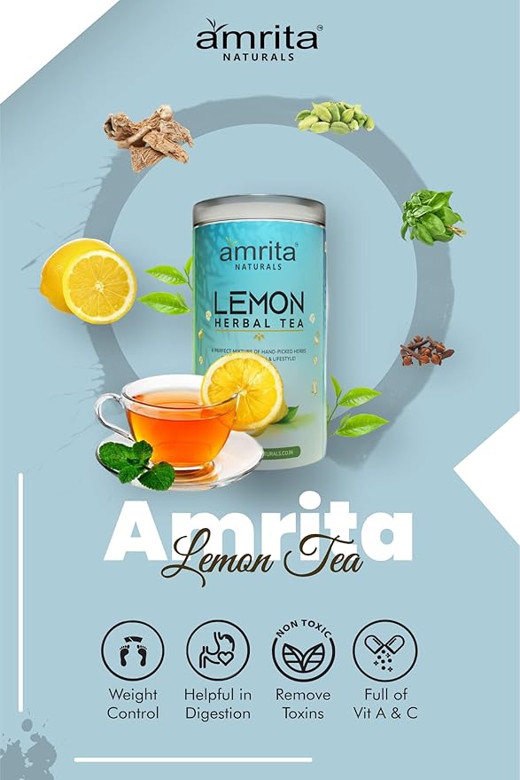 Amrita Naturals Refreshing Lemon Instant Herbal Tea 250g Natural Caffeine Free Herbal Powder Vegan Plant Based Tea Mix No Artificial Flavors or Colors Easy to Prepare Drink