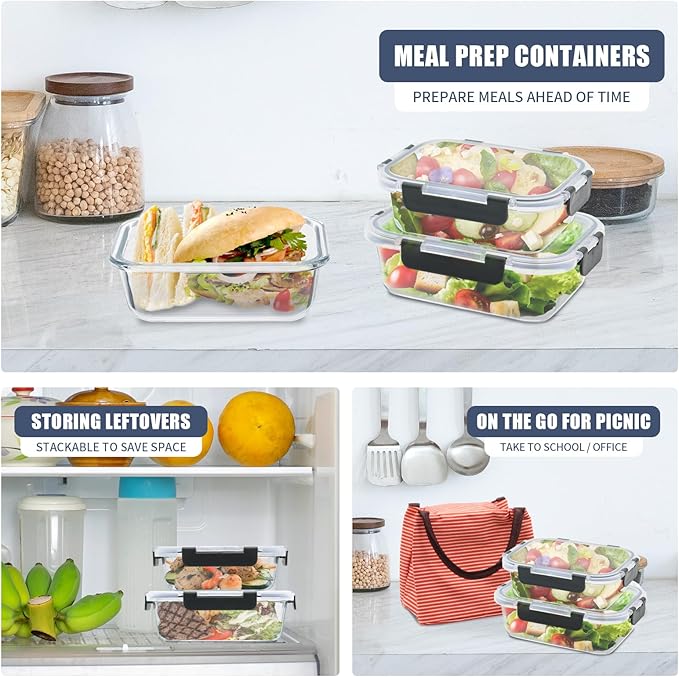 6 Pack Glass Meal Prep Containers, Food Storage Containers, Airtight Bento Boxes with Leak Proof Lids, Freezer to Microwave Safe