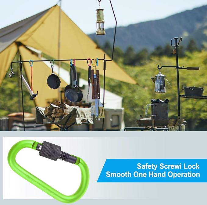 10 Pack Aluminum D Ring Key Rings Hiking Clips Locking Carabiner for Hiking Camping Fishing and Outdoor Use，Clips with Screw Gate Multicolored