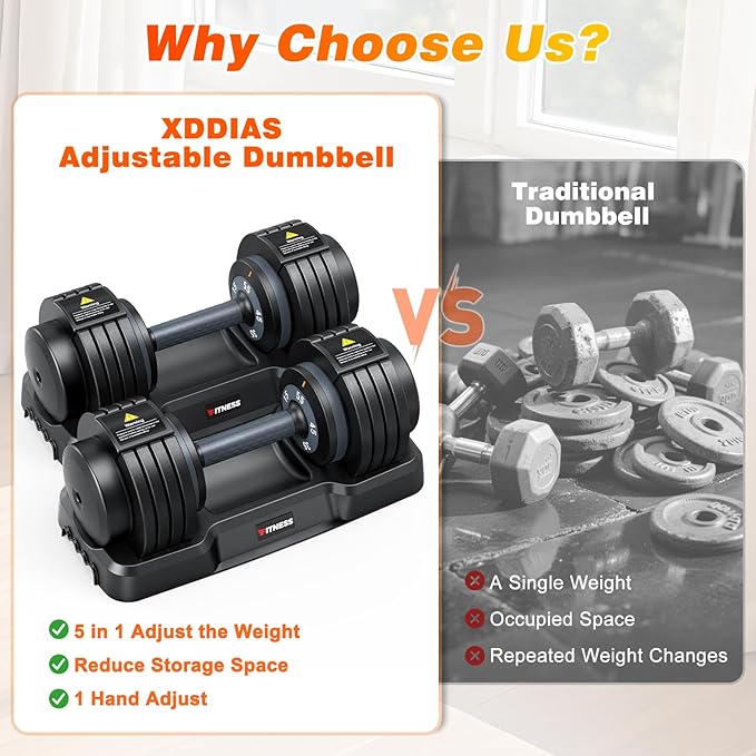 XDDIAS Adjustable Dumbbell Set of 2, 25/55/80LB Dumbbell Set-1Sec Adjustable Weights-5/10 in 1 Free Weights Dumbbells Set with Effortless Tray/No-Slip Handle-Compact Size for Women/Men at Home Gym