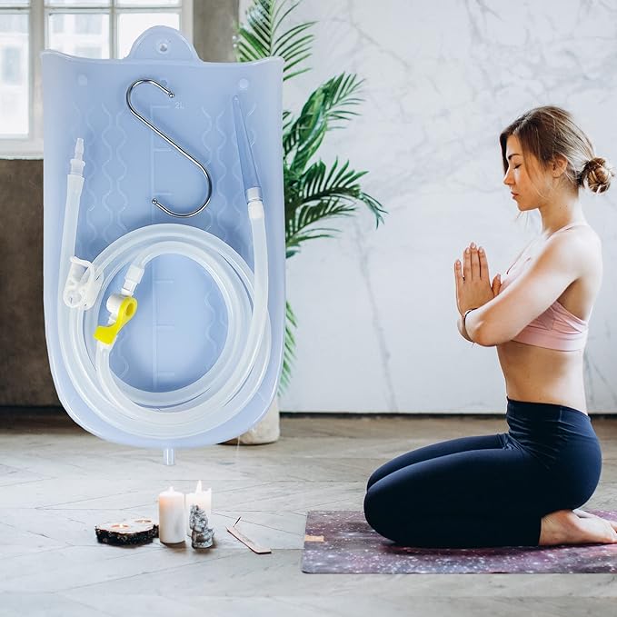 Silicone Enema Bag Kit with 6.3ft Hose, 5 Enema Tips, Controllable Flow Valve and Water Thermometer - 2 Quart Capacity Coffee enemas for Colon Cleanse