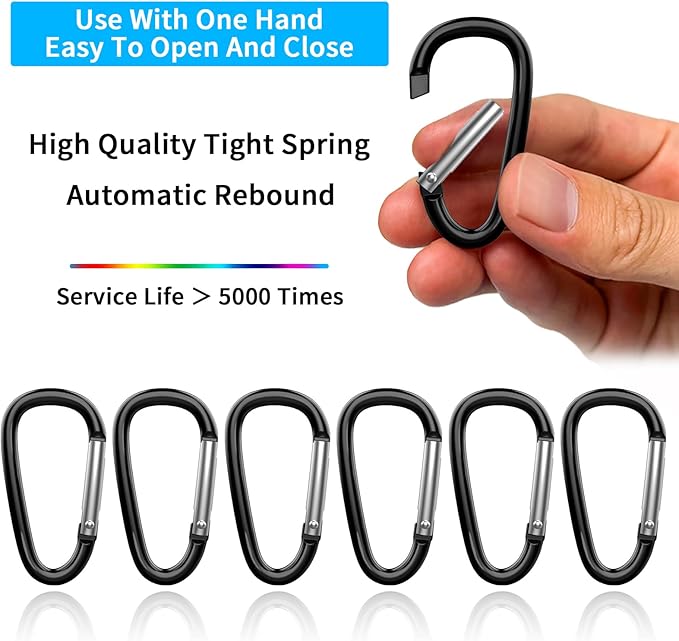 30PCS Aluminum Carabiner Clips, 2" D Shape Spring Snap Hooks Carabiner with 30PCS Keyring Keychain Hook