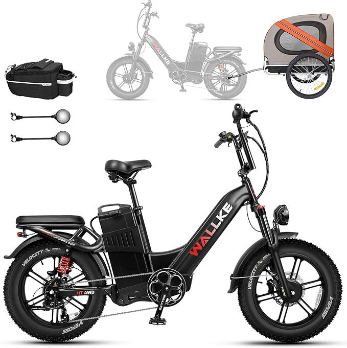W Wallke H7 AWD Dual Motor Electric Bike for Adult, 48V 60Ah/40Ah Removable Battery, Long Range 32-34MPH Fast Ebike, 20" Fat Tire Mountain Offroad All Terrain Full Suspension E-Bicycle, UL2849 List