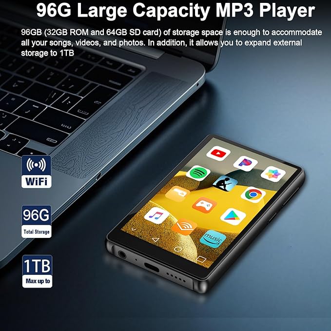 96GB MP3 Player with Bluetooth and WiFi, 4.1" Touch Screen, Silicone Protective case, Octa-core, MP4 MP3 Player for Spotify, Pandora, 96GB Storage Up to 1Tb, Android Music Player for Parental Control