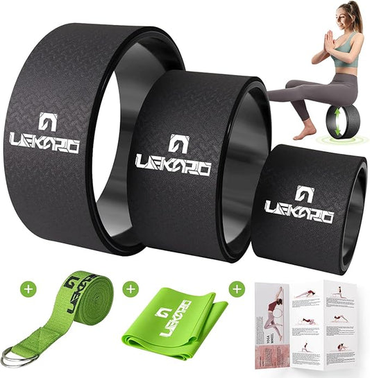 Yoga Wheel Set for Back Pain, 3 Pack Stretching Back Roller Wheel with Yoga Strap & Resistance Band, Great for Improving Flexibility & Backbend, Deep Tissue Massage, Size 13"/10.5"/6.5''