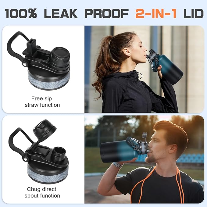 Insulated Water Bottle 64 oz, Half Gallon Water Jug Cold 48H, BPA Free Stainless Steel Bottles with Straw/Chug 2-in-1 Lid, Bag, Paracord Handle, Silicone Boot, Sports Gym School Metal Flask