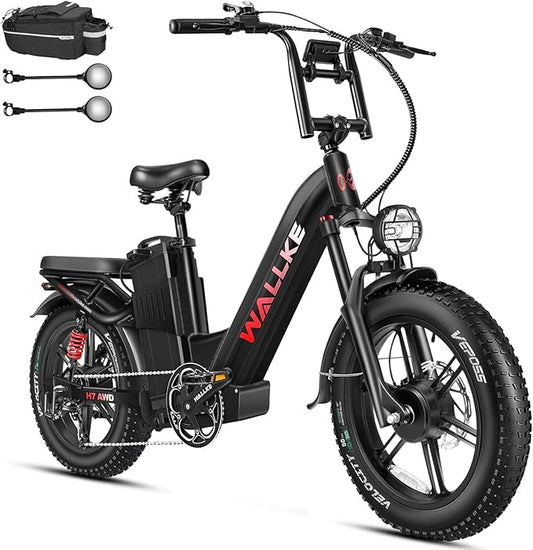W Wallke H7 AWD Dual Motor Electric Bike for Adult, 48V 60Ah/40Ah Removable Battery, Long Range 32-34MPH Fast Ebike, 20" Fat Tire Mountain Offroad All Terrain Full Suspension E-Bicycle, UL2849 List