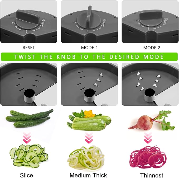 3 in 1 Vegetable Spiralizer Slicer, Adjustable Zucchini Carrot Noodle Maker, Cucumber Spiral Cutter, Easy to Use Kitchen Tool（Dark Grey）
