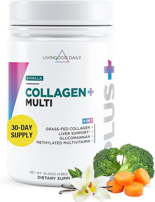 Livingood Daily Collagen Powder for Women and Men, Vanilla, Grass Fed Protein, Hydrolyzed Collagen Peptides with Vitamin C & Multi Vitamins for Hair, Skin, Nail & Gut Health, Gluten Free, 30 Servings