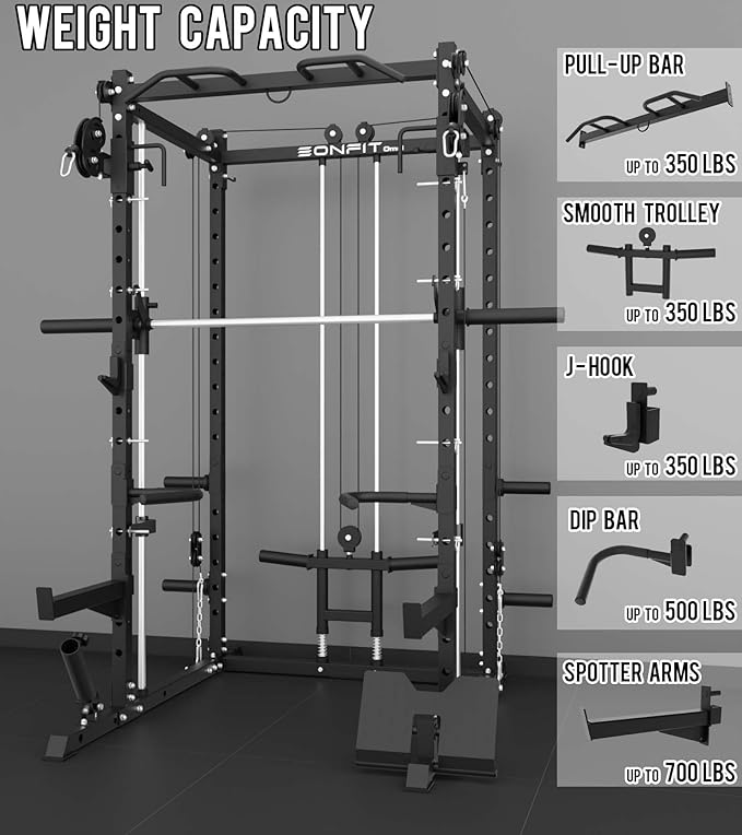 Eonfit E3 Smith Machine with 360°Rotating Arm for Home Gym Equipment, Multi-Function Power Cage Squat Rack with Cable Crossover LAT Pulldown Pulley System All in One