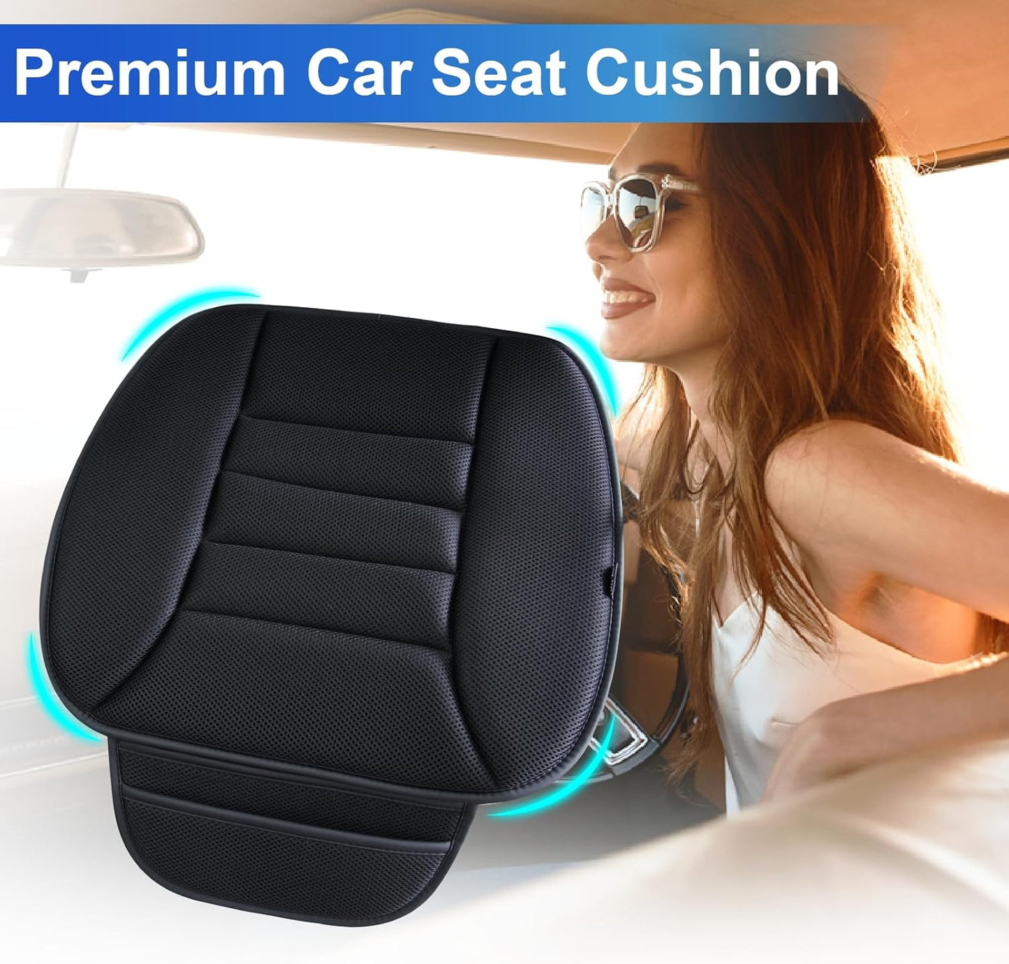 Premium Car Seat Cushion, Driver Cushion with Comfort Memory Foam & Non-Slip Rubber Bottom, Car Seat Pad Works with 95% of Vehicles and Office Chair or Home (4D Mesh - Black)