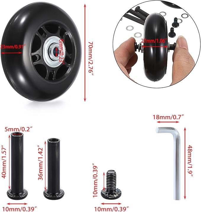 OwnMy 70mm x 23mm Luggage Wheels Replacements Set of 2 Mute Suitcase Replacement Wheels with Black Screws Axles Bearings, Silent Rotatable Rubber Luggage Suitcase Swivel Wheel Kit