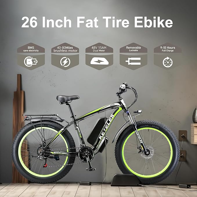 Peak 2000W Electric Bike for Adults 27 MPH 48V15Ah Removable Battery Max 40-80 Miles E Bike 26" Fat Tire Ebike Shamano 21-Speed All Terrain for Mountains Snow Sand Road