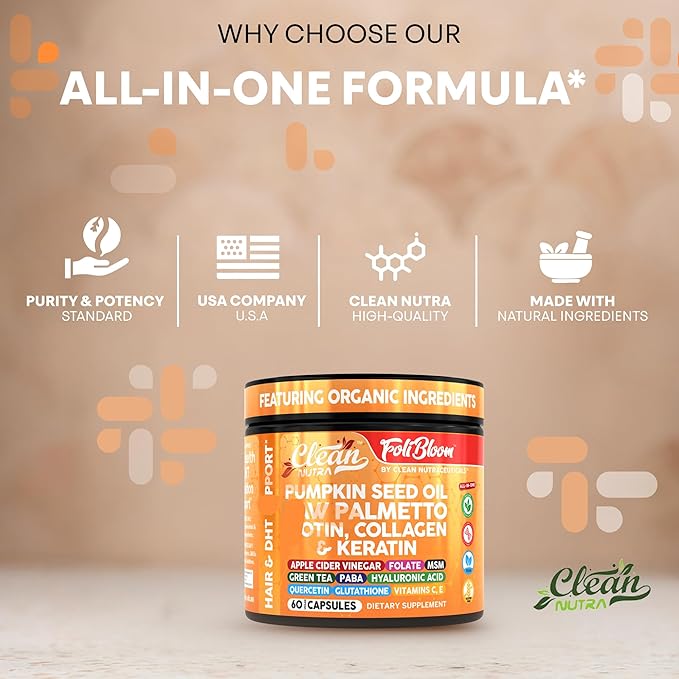 Clean Nutra Pumpkin Seed Oil Saw Palmetto Biotin Collagen Keratin MSM Folate Hyaluronic Acid Supplements B12 Zinc Hair Supplement for Women Men Iodine 5-MTHF B-12 Vitamin B9-60 Vegan Capsules Count