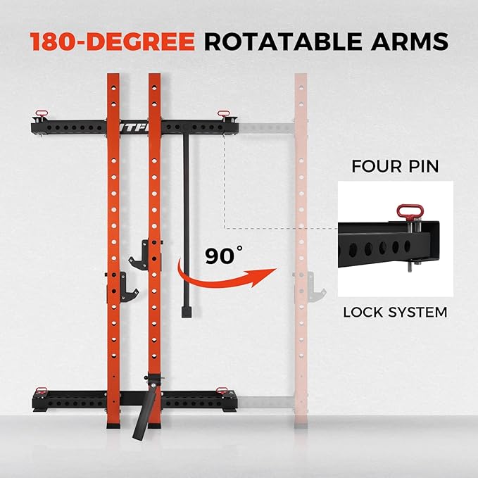 RitFit Multi-Functional Folding Squat Rack for Home Gym, 2.36'' x 2.36'' Wall Mounted Squat Rack with Attachments - Space Saving Squat Power Rack