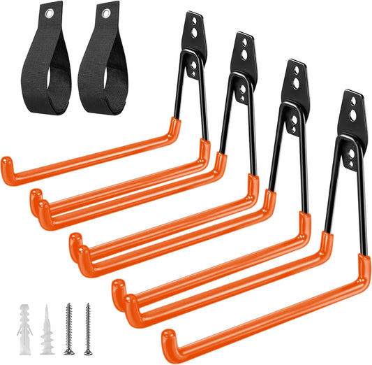 Heavy Duty Garage Hooks 4 Pack, 7.7 inch U Shaped Long Hanger, with 2 Extension Cord Holder Organizer, Wall Mounted Storage System, for Power and Garden Tool Hanging， Ladders, Bikes, Hose