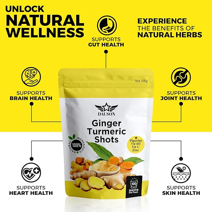 Ginger Turmeric Supplements with Piperine, Orange, Vitamin C, Vitamin D3 & Zinc | Ginger Turmeric Shots for Joint, Heart, Brain, Gut & Skin Health | 100 Servings | Ayurvedic | Powder