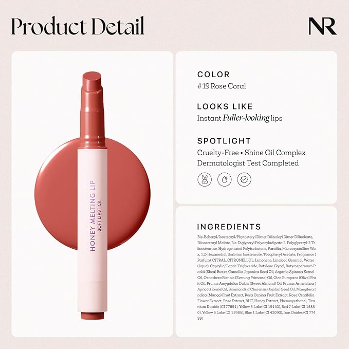 Nature Republic HONEY MELTING LIP (19 ROSE CORAL) SOFT LIP STICK, Hydrating Gloss, Moisturizing balms, Sheer tint, Shine & Nude, Glowy Finish, korean make up
