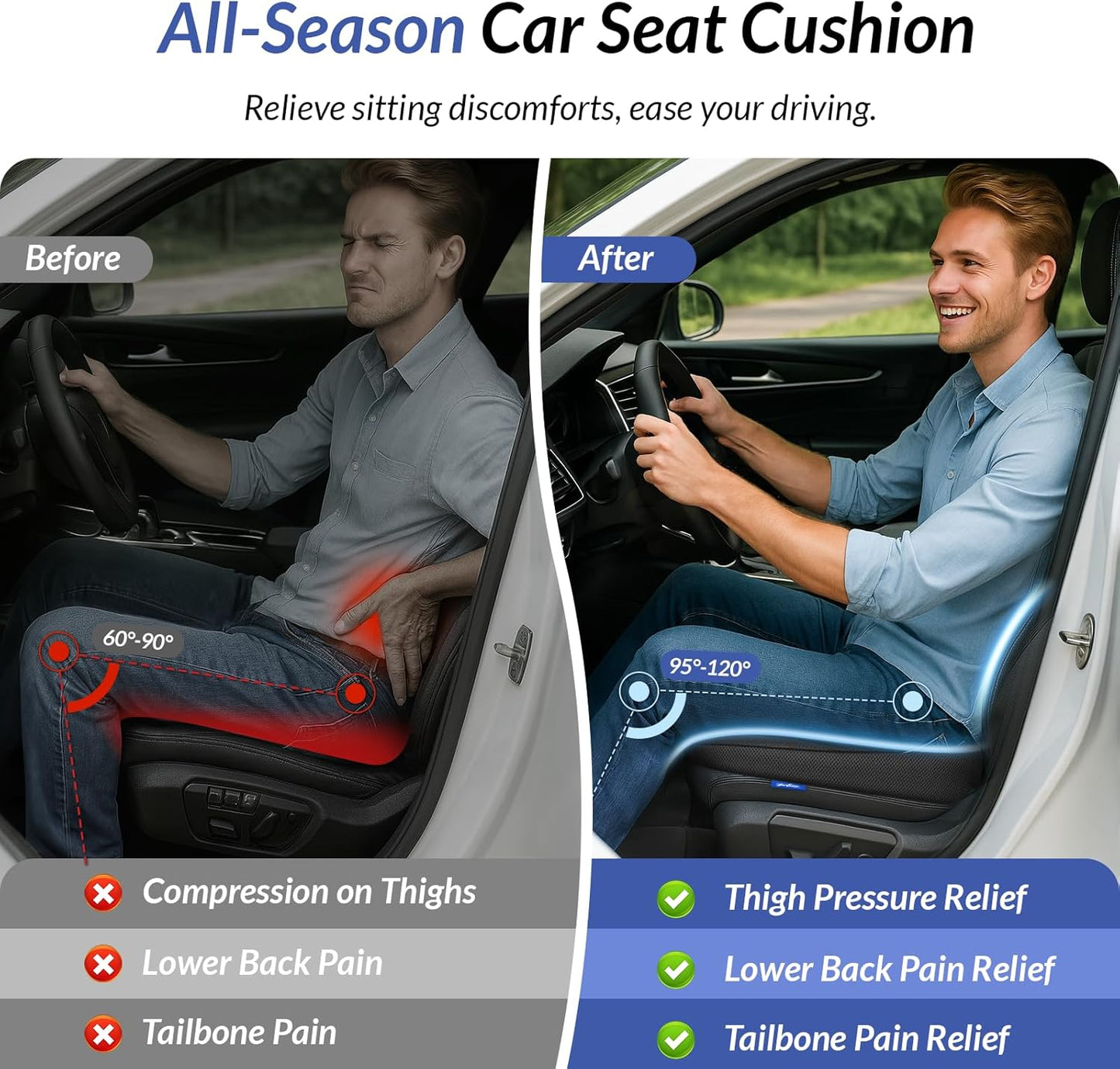 ZIKEE All-Season Car Seat Cushion for Comfortable & Safe Driving, Breathable Seat Cushion for Car with Ventilated Channel & Mesh Cover, Memory Foam for Sciatica, Tailbone & Back Pain Relief, Anti-Slip