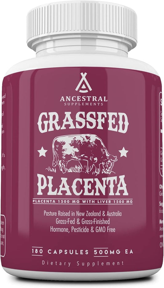 Ancestral Supplements Grass Fed Placenta Supplement with Liver, Contains Postpartum Vitamins for Women Breastfeeding, Promotes Menopause Relief, Stem Cells Support Skin Elasticity, 180 Capsules