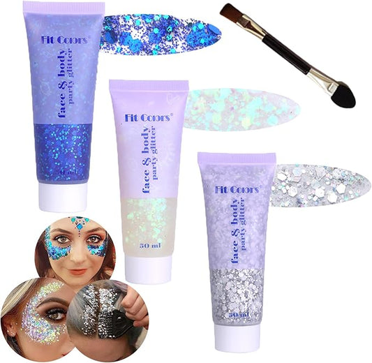 Body Glitter Face Glitter Gel: Singer Concerts Disco Festival Rave Accessories Face Glitter Makeup 150ml Chunky Sequins Mermaid Face Body Hair Glitter Gel (White&Silver&Blue)