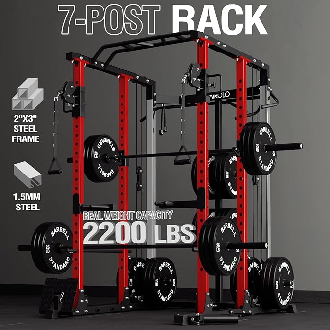 Mikolo Power Cage, Power Rack with Cable Crossover and Dual Independent Pulley System, 2200 Pounds Capacity Workout Cage with More Training Attachments, Squat Rack for Home Gym, PC07 Versions