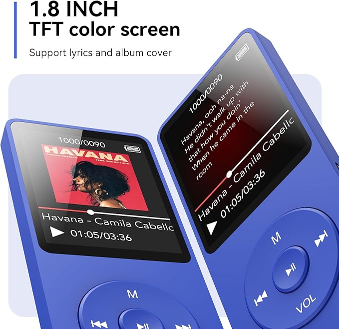 AGPTEK A02 MP3 Player with Bluetooth 5.3, 1.8 inch Screen Portable Music Player with Speaker, FM Radio, Voice Recorder, Supports Expanded Up to 128GB(Blue, 32GB)