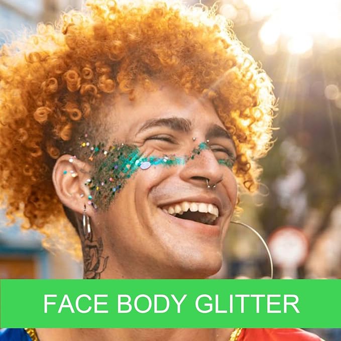 Body Glitter Gel - 4th of July Accessories, Sparkly Chunky Glitter Hair for Kids Women, Iridescent Glitter Freckles, Singer Concert Festival Rave Accessories (Green Body Glitter)