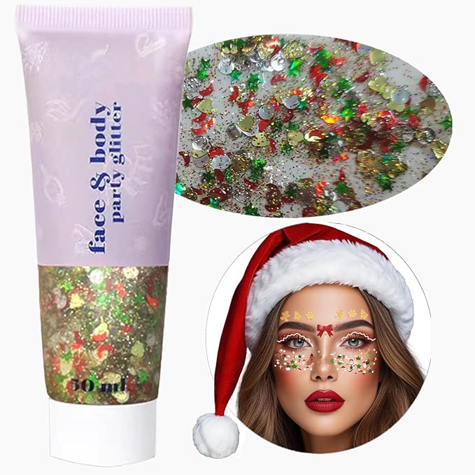 Go Ho Christmas Body Hair Face Glitter Gel,Christmas Glitters Face Paint,Holographic Colorful Sequins Chunky Reflective Face Glitter Makeup,Festival Rave Outfits for Women