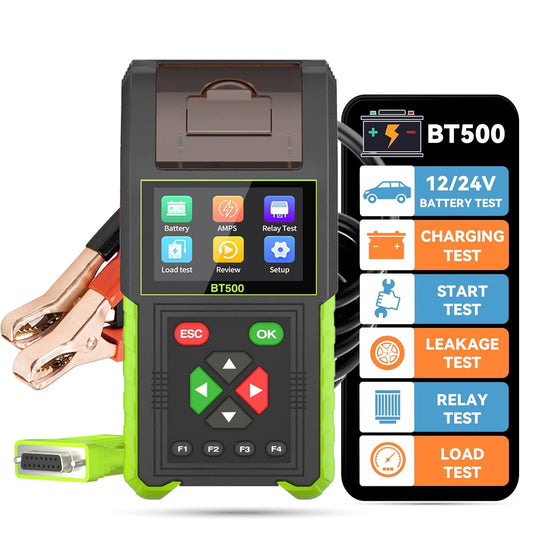 Automotive Battery Tester with Printer, 12V 24V Car Battery Load Tester and Alternator Tester, 20-2000 CCA Battery Capacity Tester, Relay Tester, Leakage Test for Heavy Duty Truck, BT500