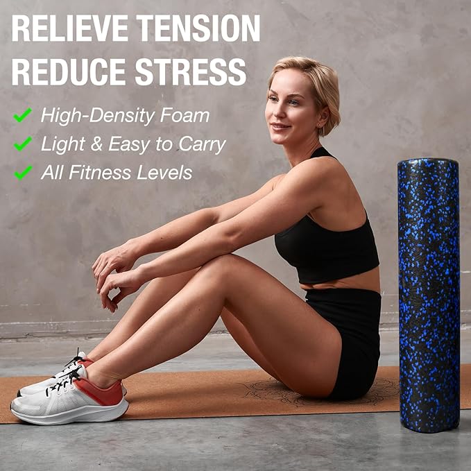 High-Density Round Foam Roller for Muscle Soreness Recovery, Exercise, Massage - 18", 24", 36" Blue Fleck (24 Inch)