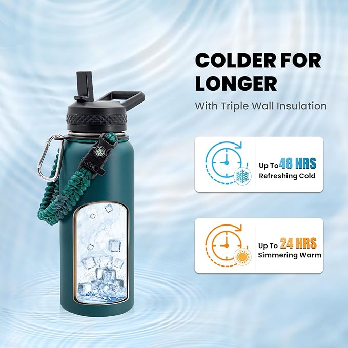 Insulated Water Bottle 32 oz, Triple Wall Vacuum Stainless Steel (Cold for 48 Hrs), Leak Proof & Non-BPA, Modern Water Flask Jug with Paracord Handle & Straw Spout Lids, Dark Green