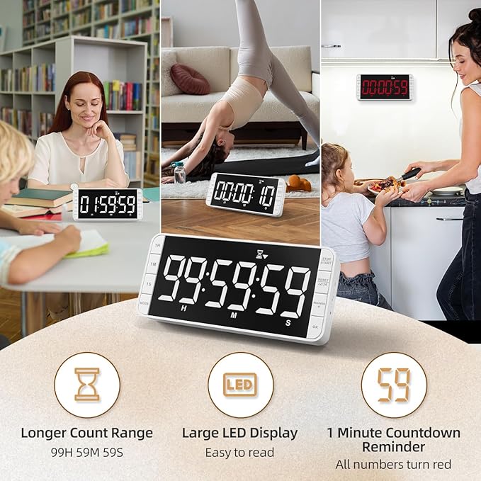 7.8'' Extra Large LED Kitchen Timer: 99H Countdown Countup with 3 Brightness, 5 Alarms & 4 Volume Levels, Magnetic Rechargeable Timer for Cooking, Classroom, Home Gym