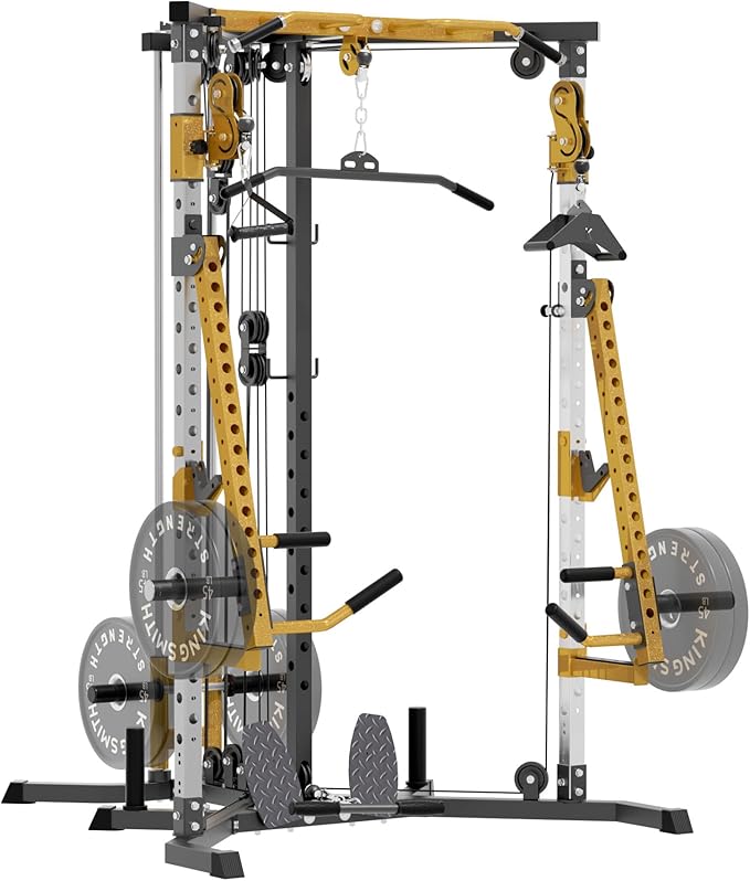 Power Rack with Dual Pulley System, Cable Crossover, LAT Pulldown, Bench Press & Squat Rack, Full Body Strength Training Cage for Home Gym