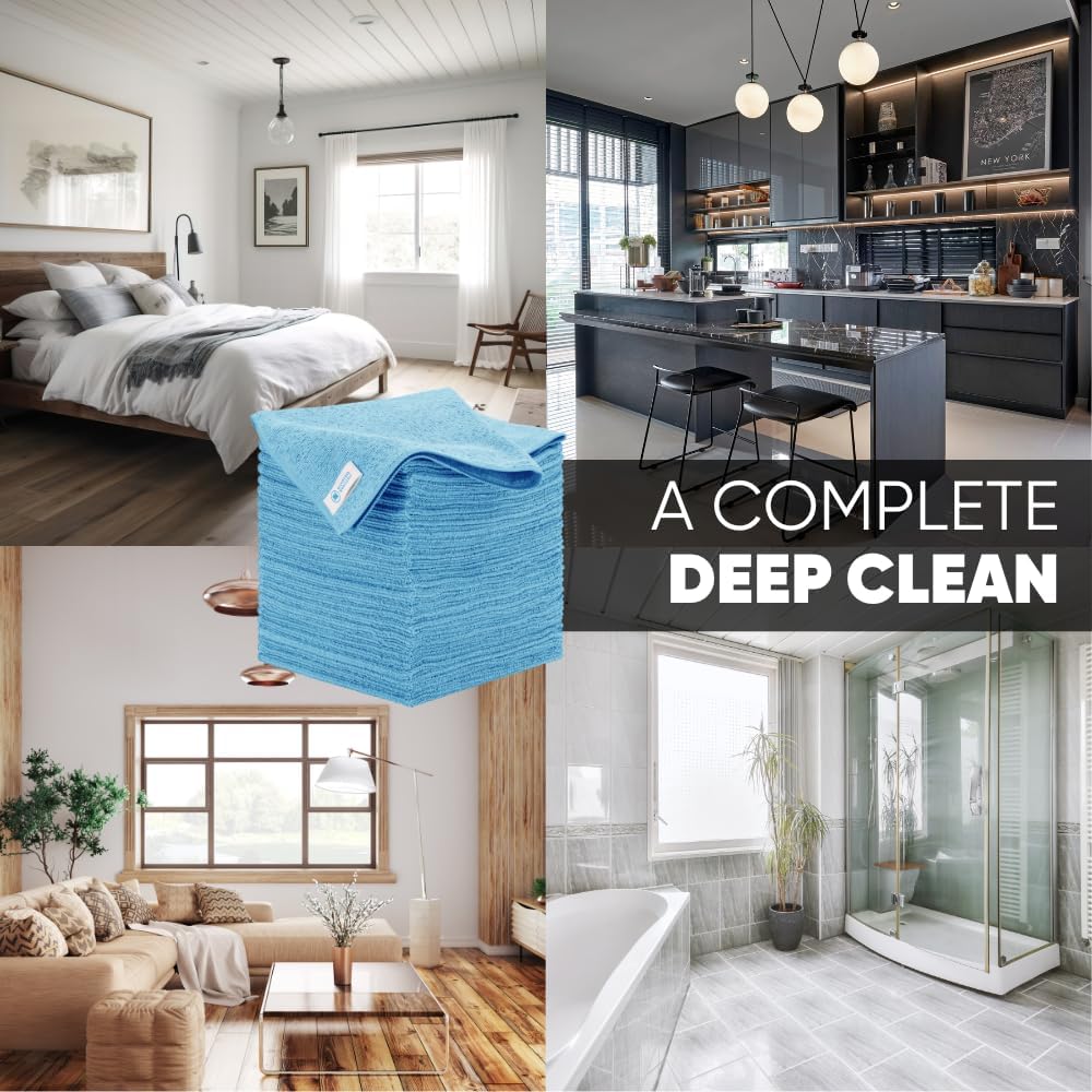 16" x 16" All Purpose Microfiber Towels - 50 Pack - Reusable Wash Cloths, Dust, Kitchen, Car, Shop Rags for Cleaning (Blue)