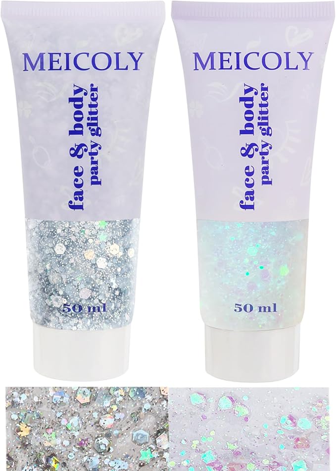 MEICOLY Clear White and Silver Body Glitter Set, Mermaid Face Glitter Gel, Singer Concerts Festival Rave Accessories, Chunky Sequins Glitter Paint for Women and Kids, Sparkling Makeup