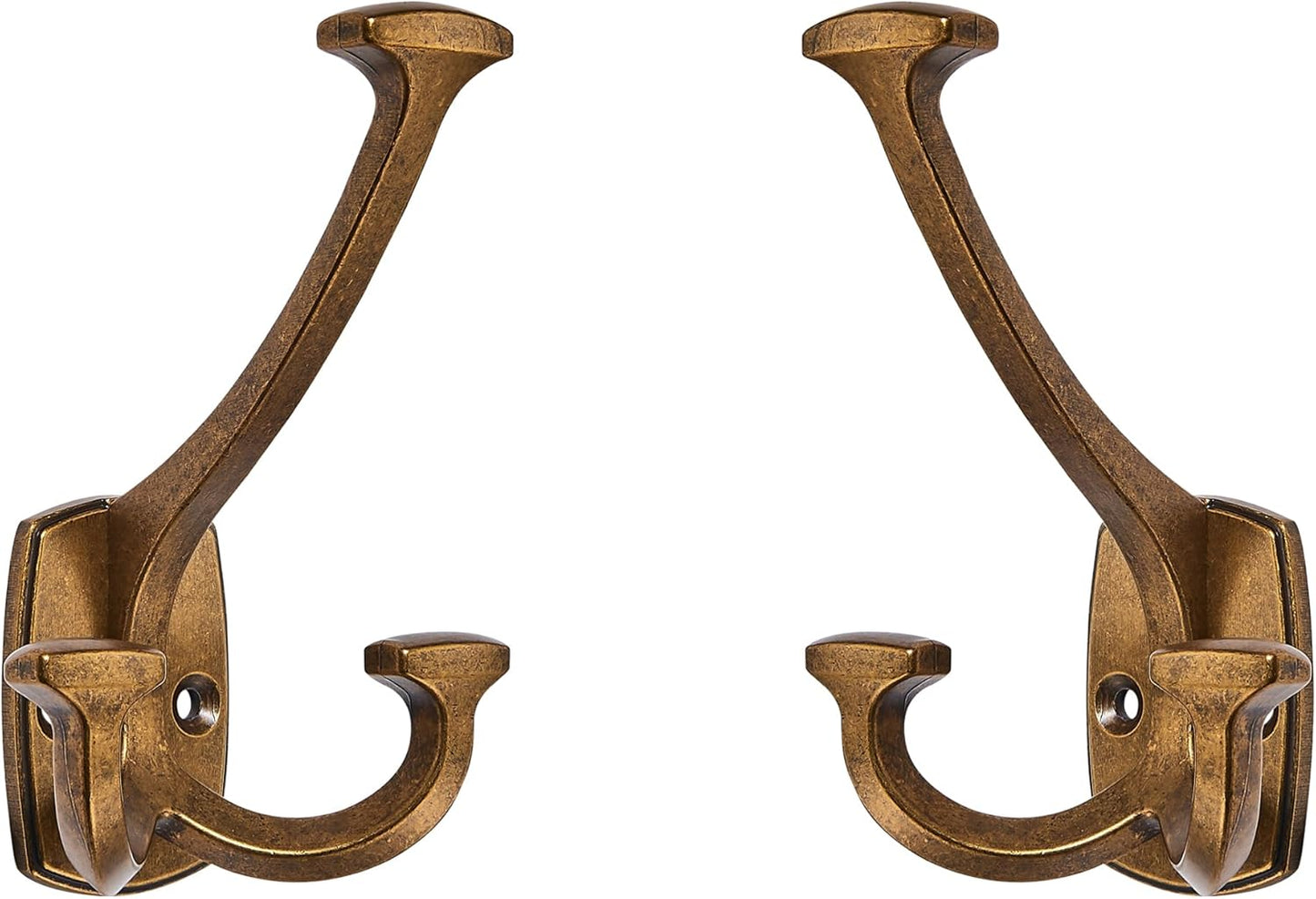 Large Wall Double-Sided Hook 5 Pack Antique Brass Hook Decorative Heavy Duty Solid Large Coat Hooks for Towel Hanging Coats Robe Towel Bags Door Back 2 Prong Hooks