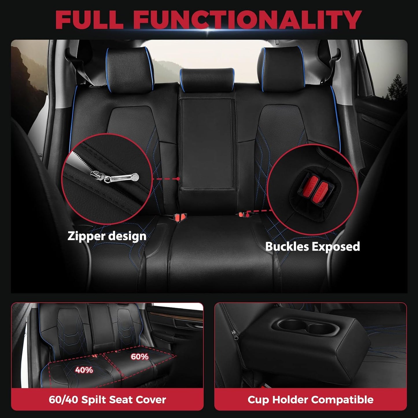 FREESOO CRV Seat Covers Full Set, for Honda CRV LX EX EX-L Sport Touring Hybrid 2017 2018 2019 2020 2021 2022, Custom Fit Car Seat Covers, Waterproof Leather Seat Covers, Black & Blue