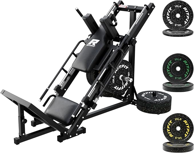 RitFit Adjustable Leg Press and Hack Squat Machine with Weight Plate Set, Professional Home Gym Equipment with Linear Bearings, Specialized for Complete Lower Body Workouts and Weight Storage Posts
