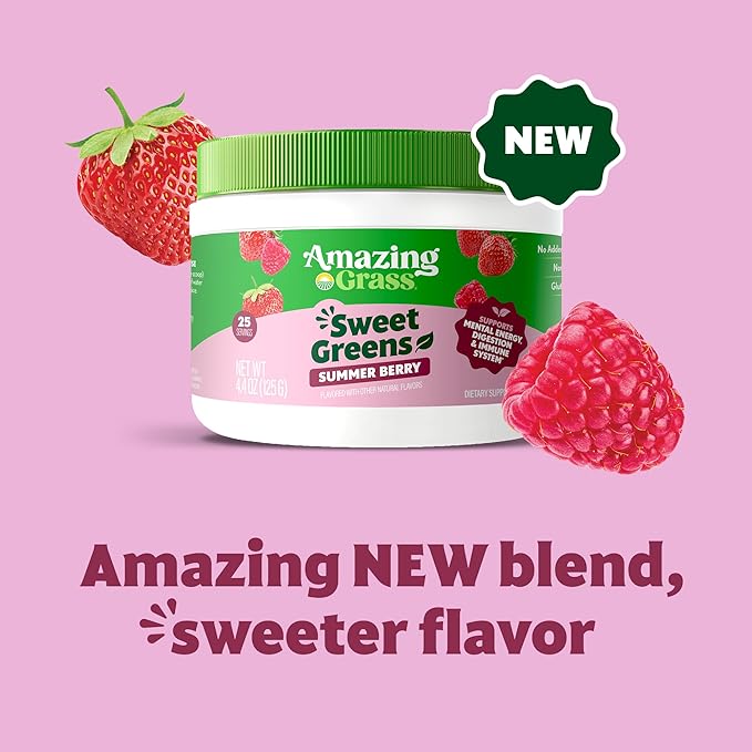 Amazing Grass Sweet Greens and Superfoods Powder for Digestive Health, Greens Powder, Digestive Enzymes, Probiotics, Spirulina, Chlorella, Summer Berry, 30 Servings