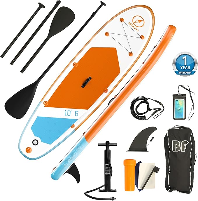 Inflatable Stand Up Paddle Board with SUP Accessories & Backpack. Paddle Boards for Adults. Non-Slip Deck, Wide Stance, Bottom Fin, Double Action Pump.