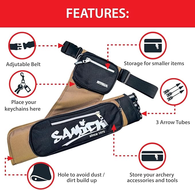 Archery Arrow Quiver - Adjustable Waist Hanged Quiver with 3 Removable Tubes & Pockets for Archery Arrows Case & Equipment - Ideal for Hunting & Target Practice - Right Handed Only