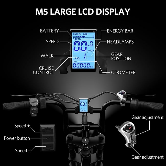 V8 Electric Bike for Adults, 20'' Fat Tire E Bike with Powerful Motor 48V 15Ah Removable Battery, 7-Speed Gears, 2 Seater E-Bike, Ebike Moped Style for Mountains, Snow, Sand, Road