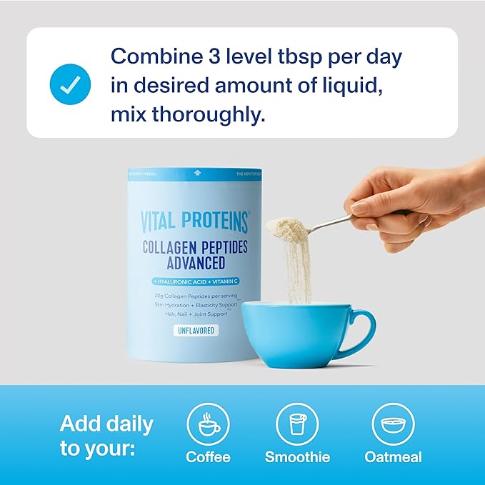 Vital Proteins Collagen Peptides Powder Advanced with Hyaluronic Acid & Vitamin C - 20oz Collagen Protein, Unflavored, 27 Servings