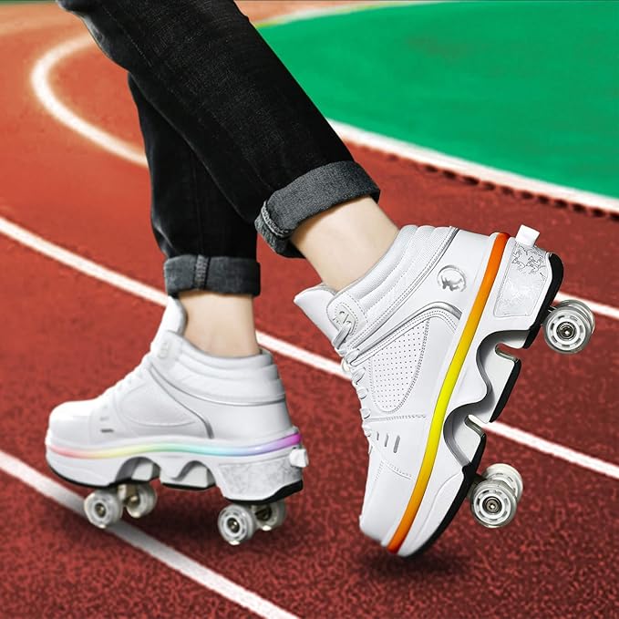 Roller Skate Shoes for Women Four Rounds Children's Roller Skates Shoes That Turn into Rollerskates Sneakers Outdoor Light Shoes with Wheels for Girls/Boys