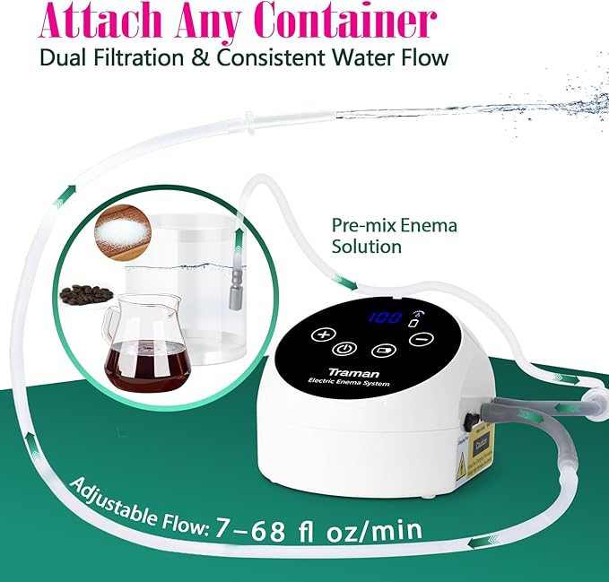 TRAMAN-Enema-Kit, Detox-Enemas for Colon-Cleanse for Women Men, Coffee Enema Coffee-Organic Cleanse Kit, Electric Water Flow Speed Control with LCD Display, Pressure Spray, External Water Supply