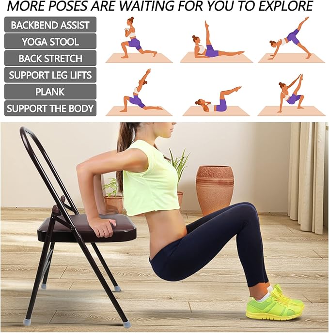 Yoga Chair Set Yoga Auxiliary Chair Flexibility Strength Training Tool, Foldable Yoga Chair for Balance Training, with Figure S Resistance Belt, Chair Leg Cap, Brown