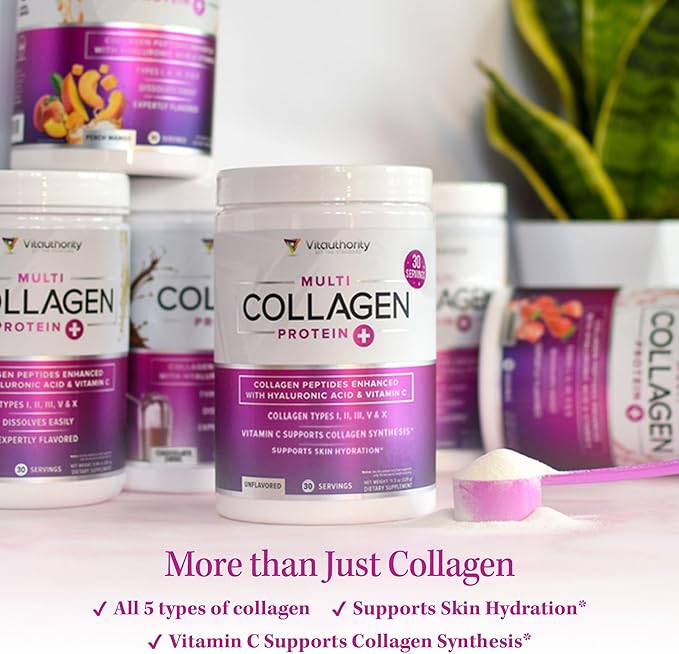 Multi Collagen Peptides Powder for Women - Hydrolyzed Flavored Collagen Powder for Women with Types I II III V & X Vitamin C & Hyaluronic Acid for Hair Skin and Nails (Strawberry) - 30 Servings